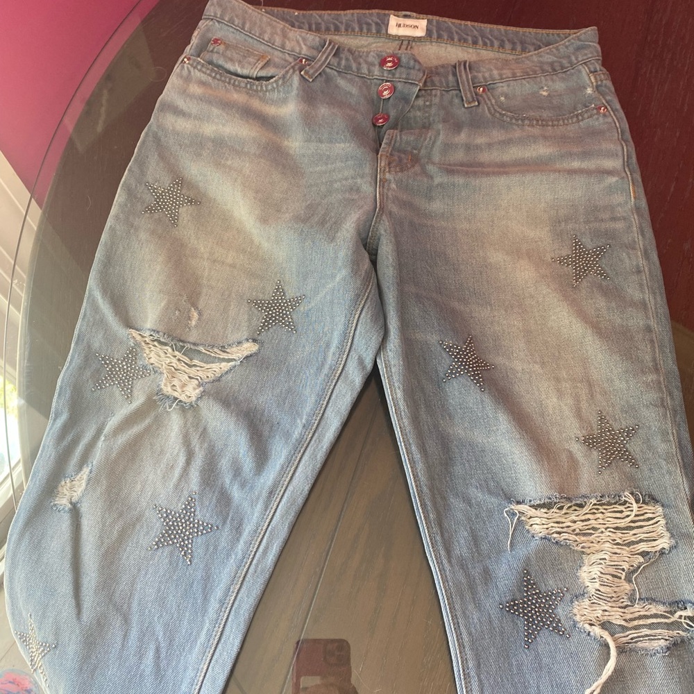 Hudson star beaded jeans. Button fly, 💯 cotton
